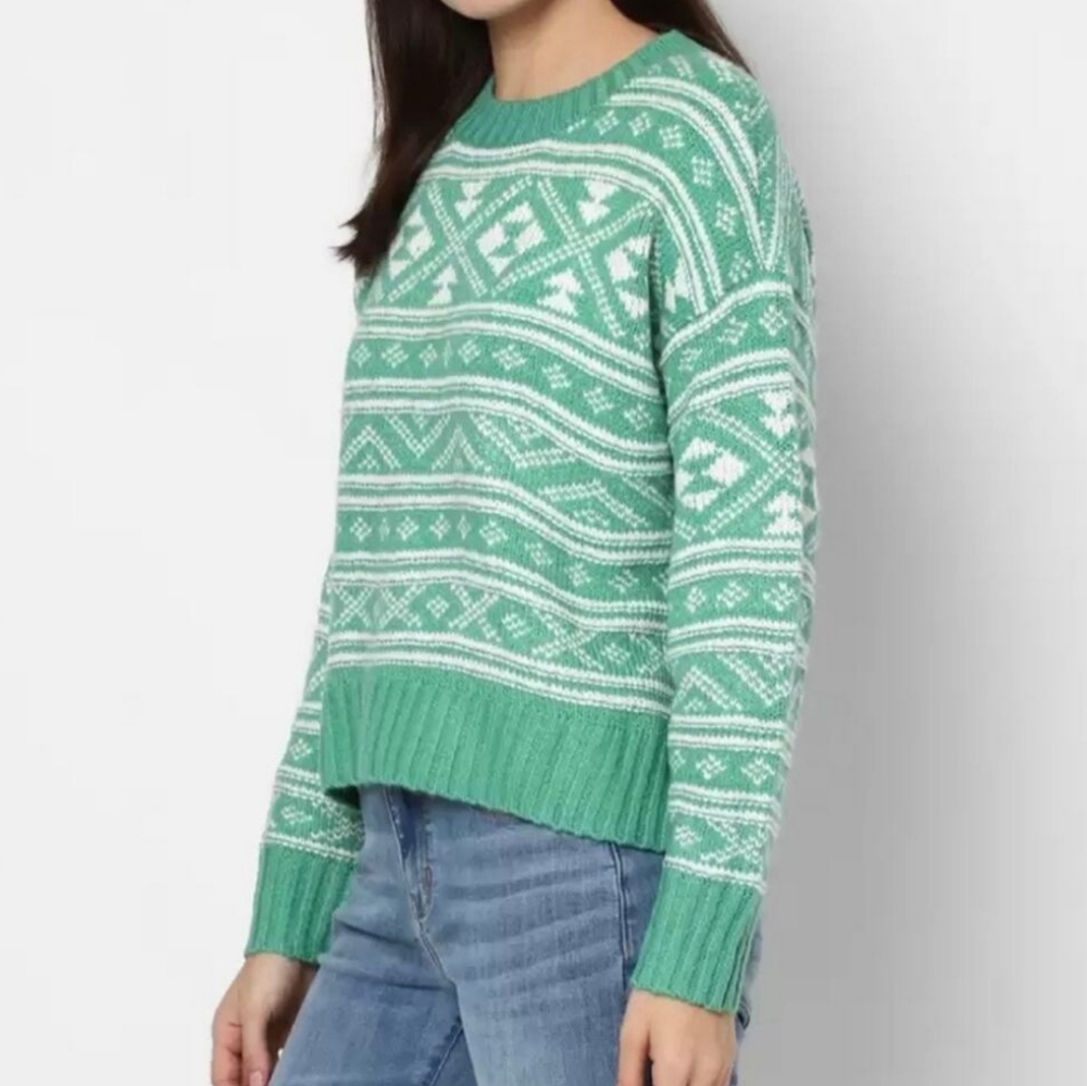 New American Eagle Green Fairisle Oversized Crewneck Sweater Size XXS or XS - Picture 2 of 6